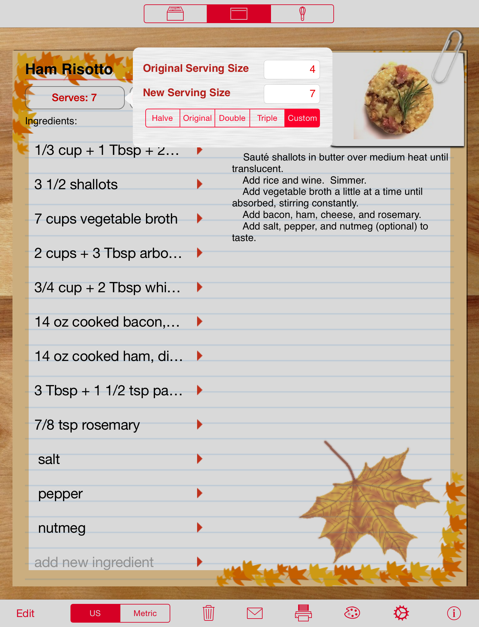 Recipe Manager with Serving Sizer servings entry